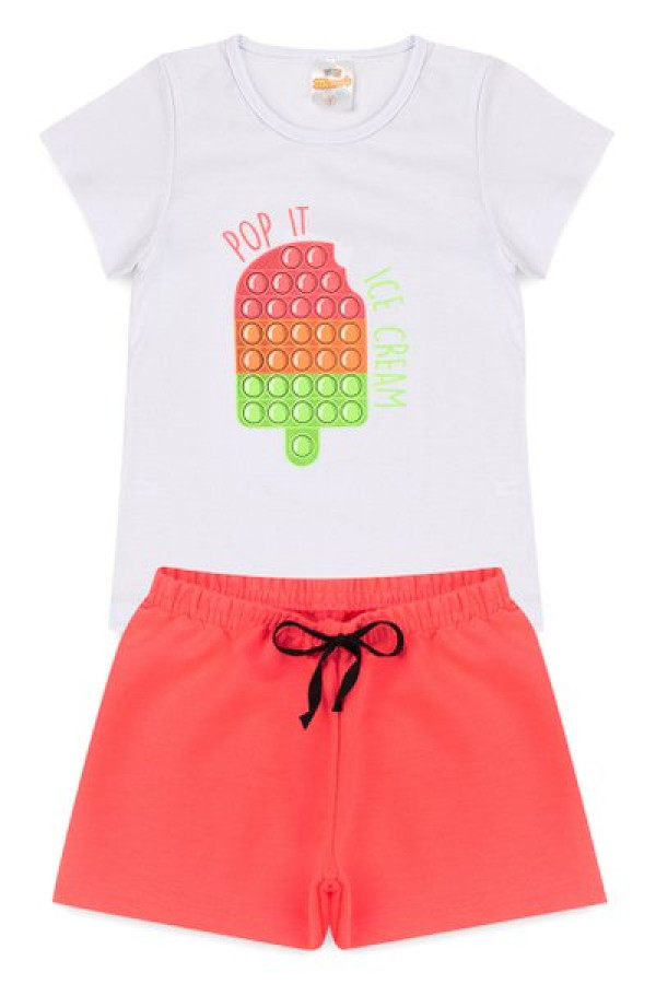 Conjunto Menina - Blusa Branca com Estampa Poppit + Shorts Rosa Pink Neon