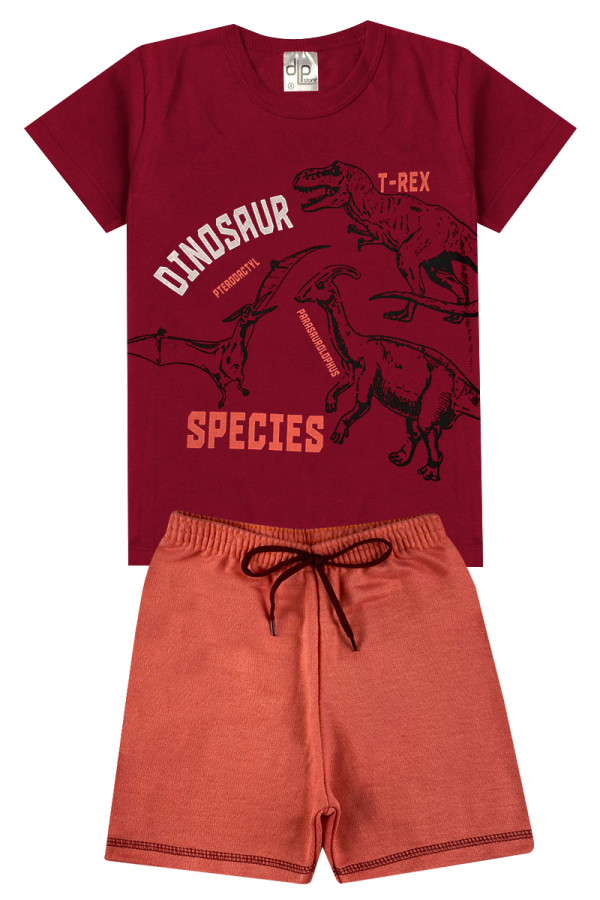 Conjunto Menino - Camiseta Bordô com Estampa de Dinossauro + Bermuda Moletinho Salmão