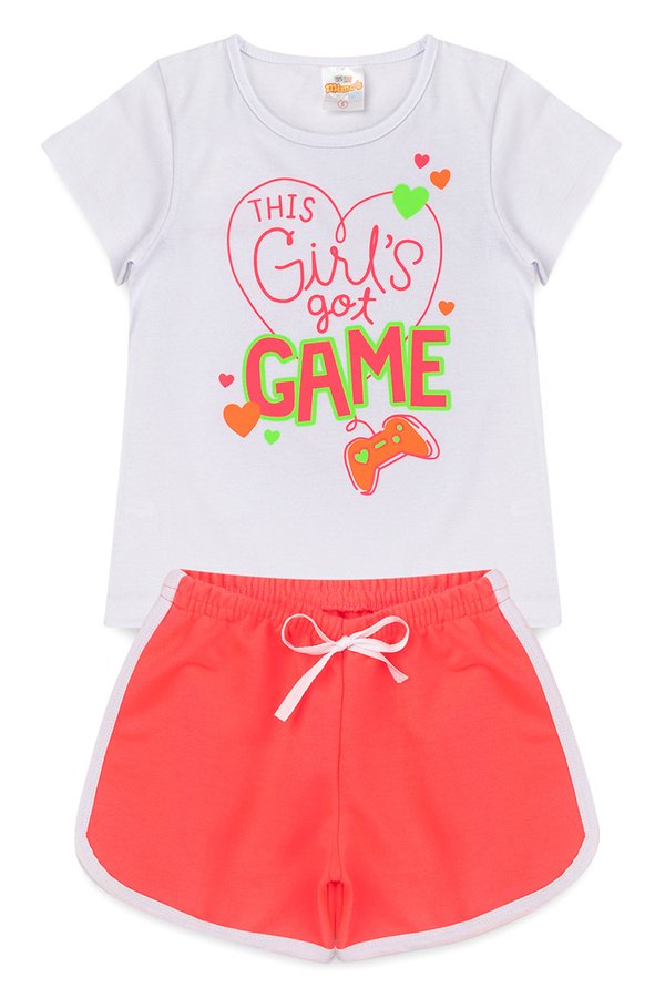 Conjunto Menina - Blusa Branca This Girl Got Game + Shorts  Rosa Pink Neon