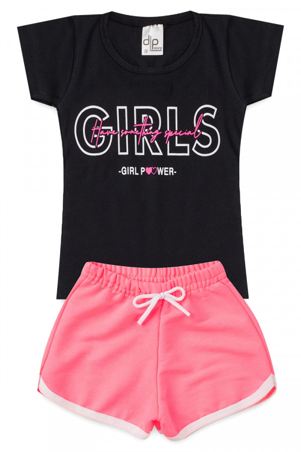 Conjunto Menina - Blusa Preta This Girl + Shorts  Rosa Pink Neon