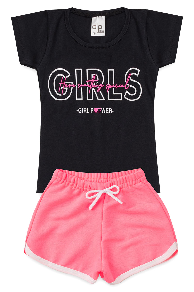 Conjunto Menina - Blusa Preta This Girl + Shorts  Rosa Pink Neon