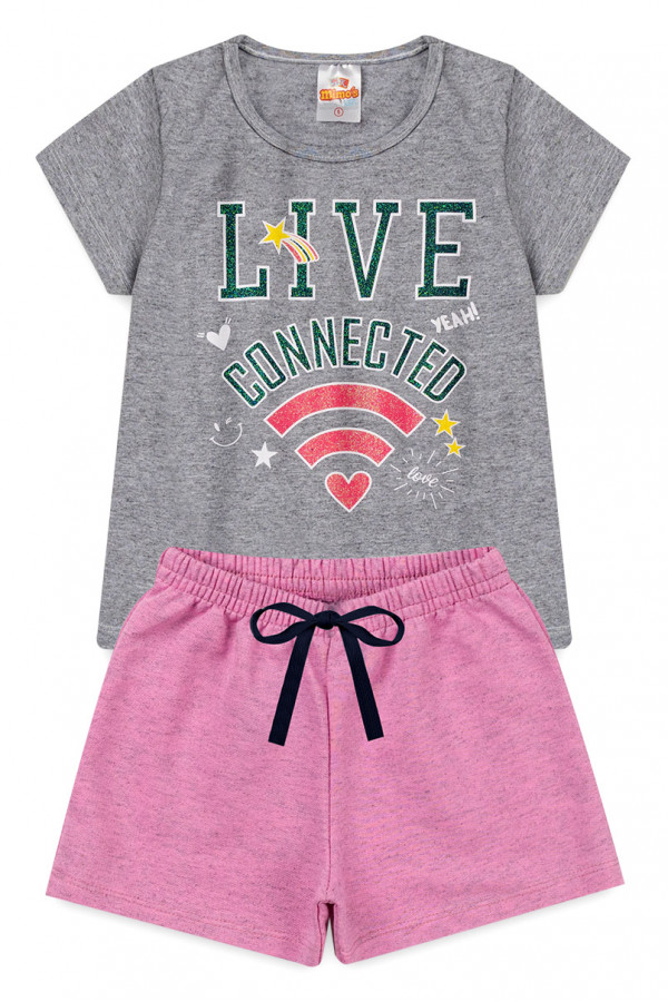 Conjunto Menina - Blusa Cinza LIVE CONNECTED + Shorts Rosa Claro