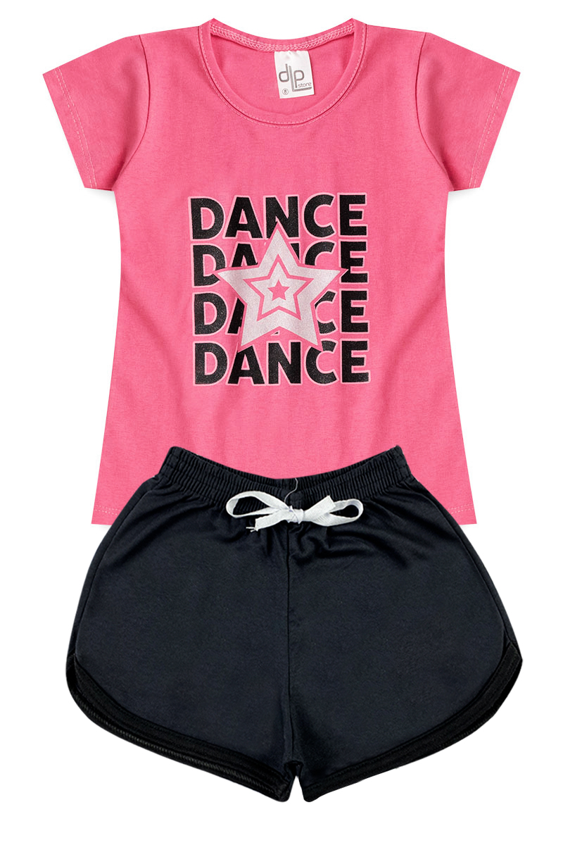 Conjunto Menina - Blusa Rosa Pink com Estampa Dance + Shorts Preto