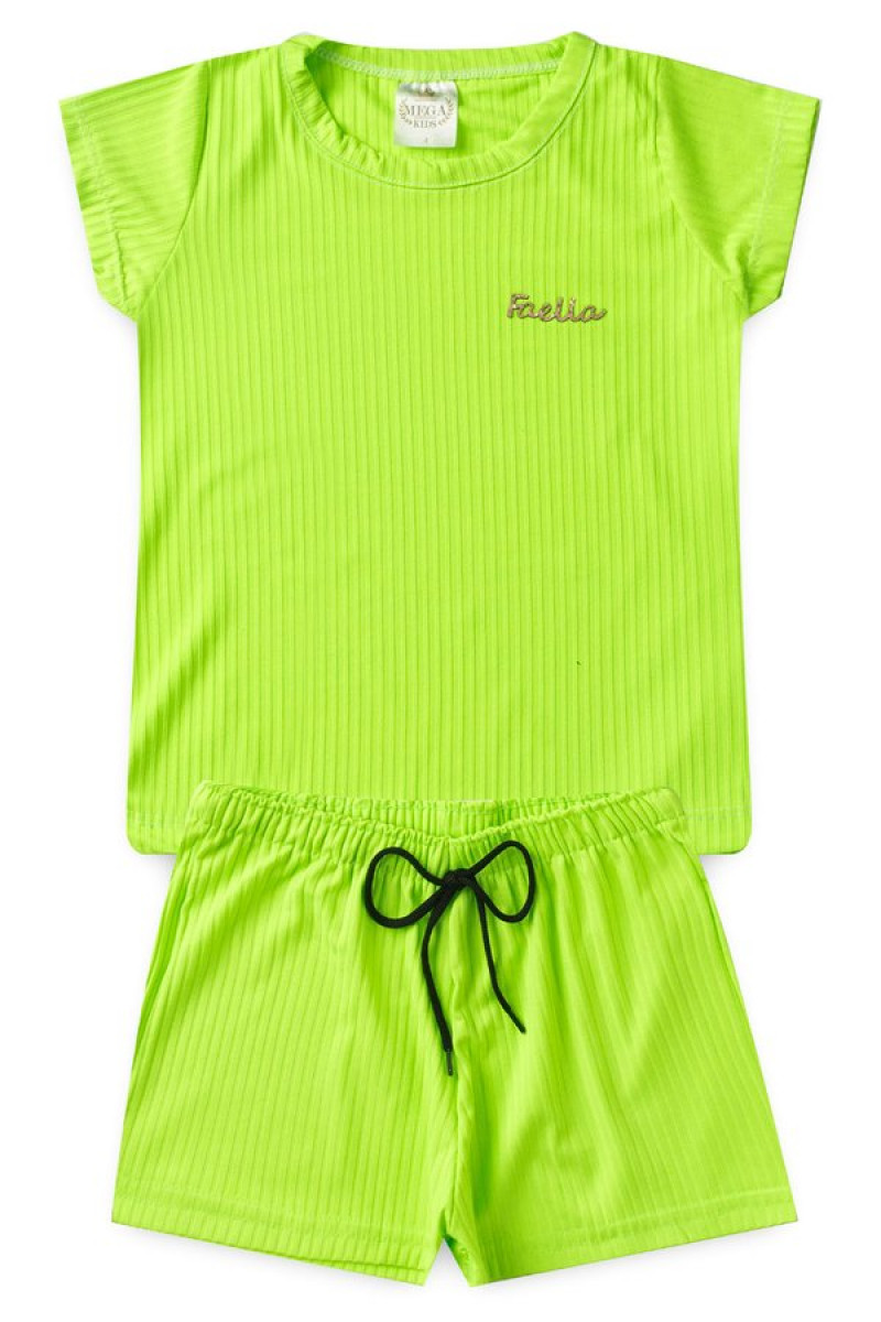 Conjunto Menina - Blusa Verde Neon Canelada + Shorts Verde Neon