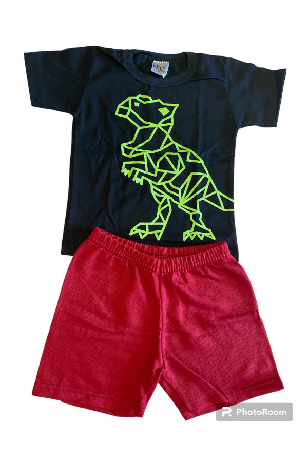 Conjunto Menino - Camiseta Preta com Estampa Dinossauro + Bermuda Moletinho Vermelha