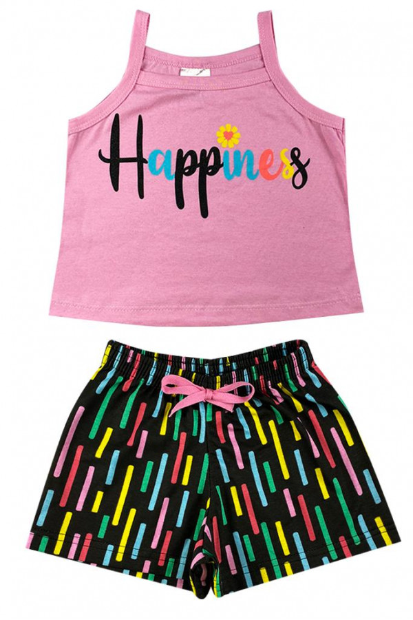 Conjunto Menina - Blusa Alças Rosa + Shorts Preto com Estampa Neon