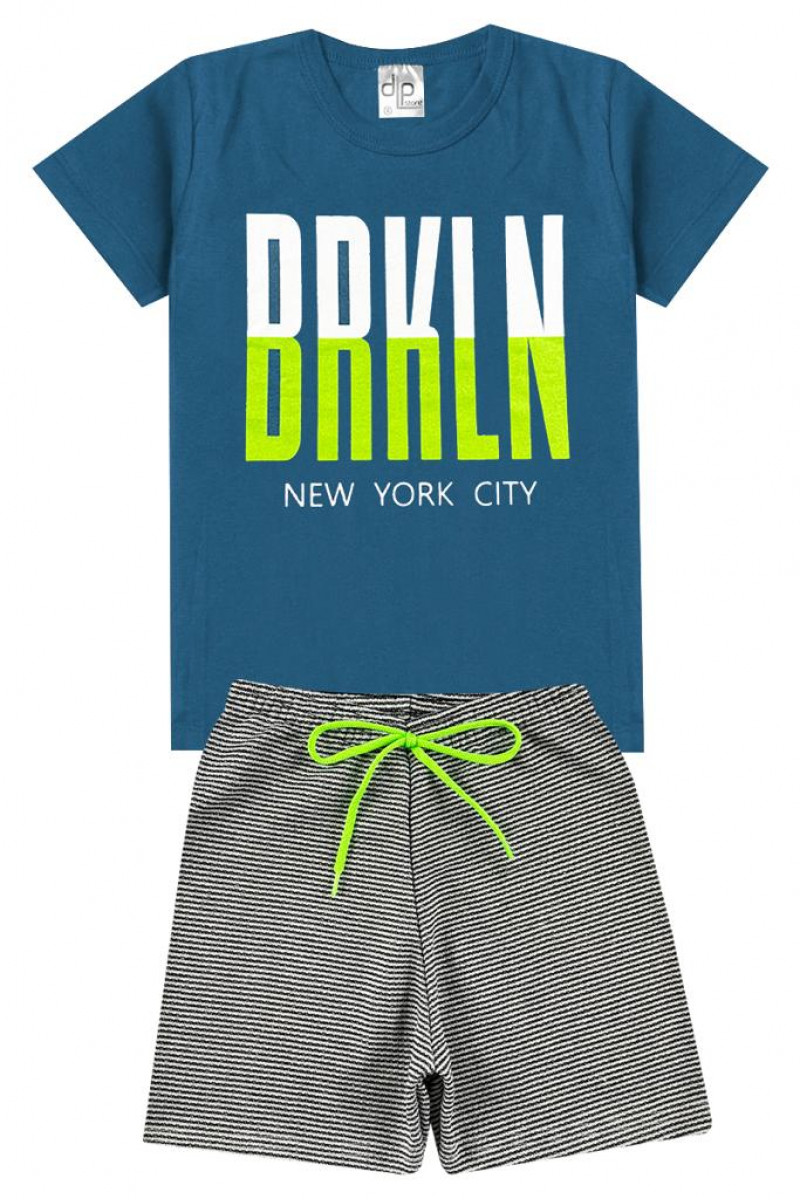 Conjunto Menino - Camiseta Azul com Estampa Brooklyn + Bermuda Moletinho Listrada Azul e Branca