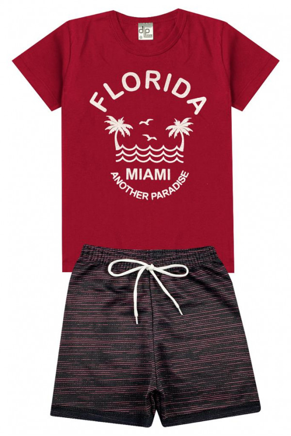 Conjunto Menino - Camiseta Bordô com Estampa Florida + Bermuda Moletinho Preta com Mescla