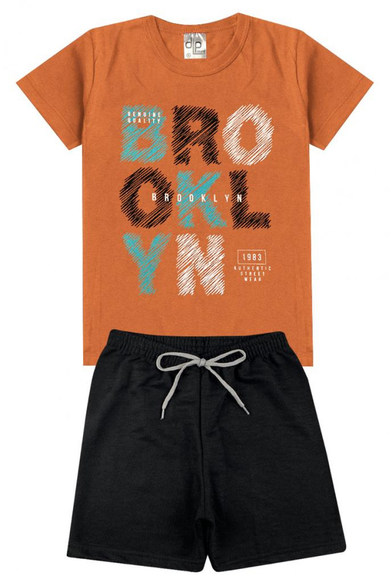 Conjunto Menino - Camiseta Laranja com Estampa Brooklyn + Bermuda Moletinho Preta