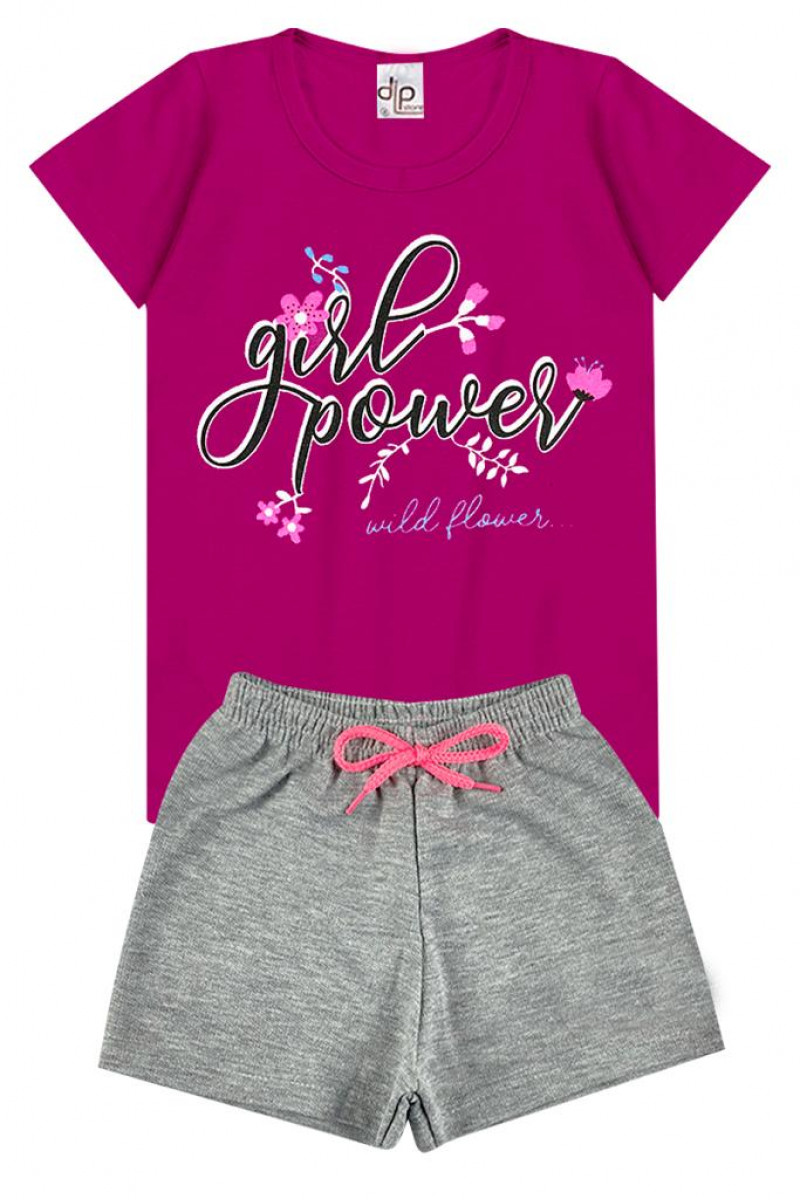 Conjunto Menina - Blusa Rosa Pink + Shorts Cinza