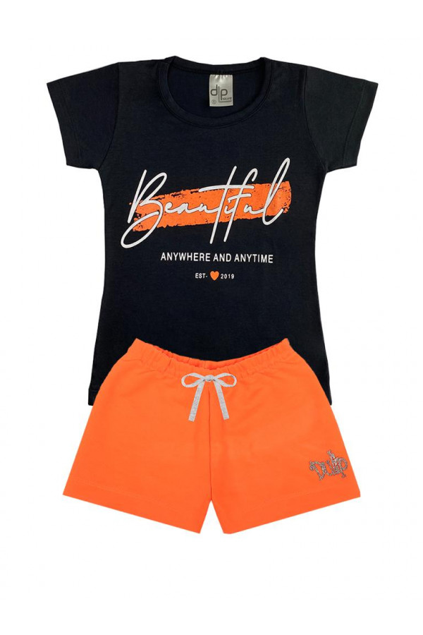 Conjunto Menina - Blusa Preta com Estampa Beautiful + Shorts Laranja