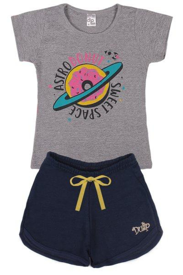 Conjunto Menina - Blusa Cinza com Estampa Saturno  + Shorts Azul Marinho com Cordão Amarelo