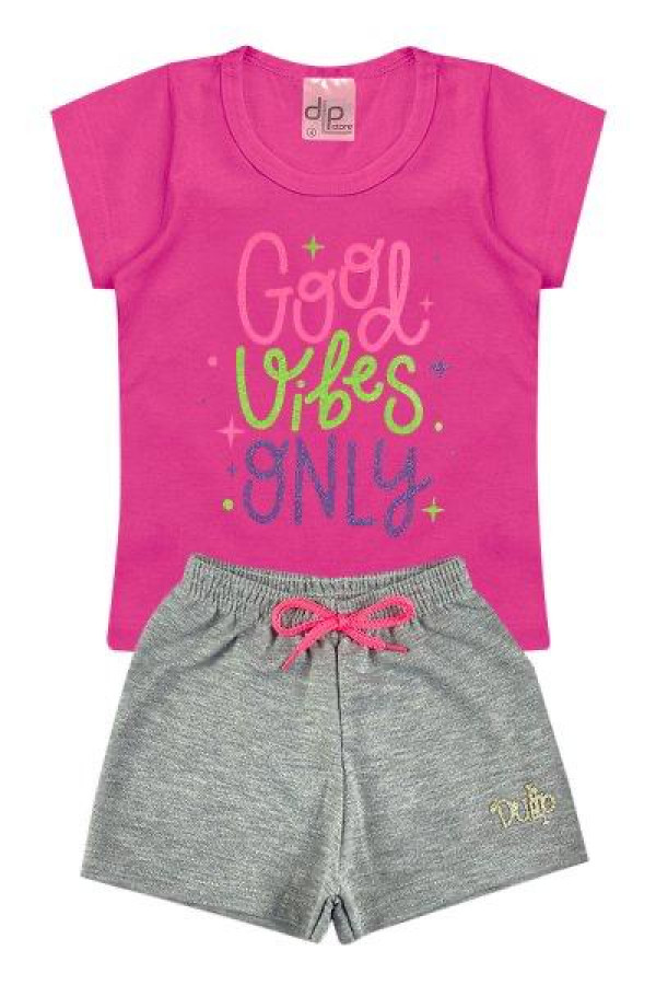 Conjunto Menina - Blusa Rosa Pink + Shorts Cinza