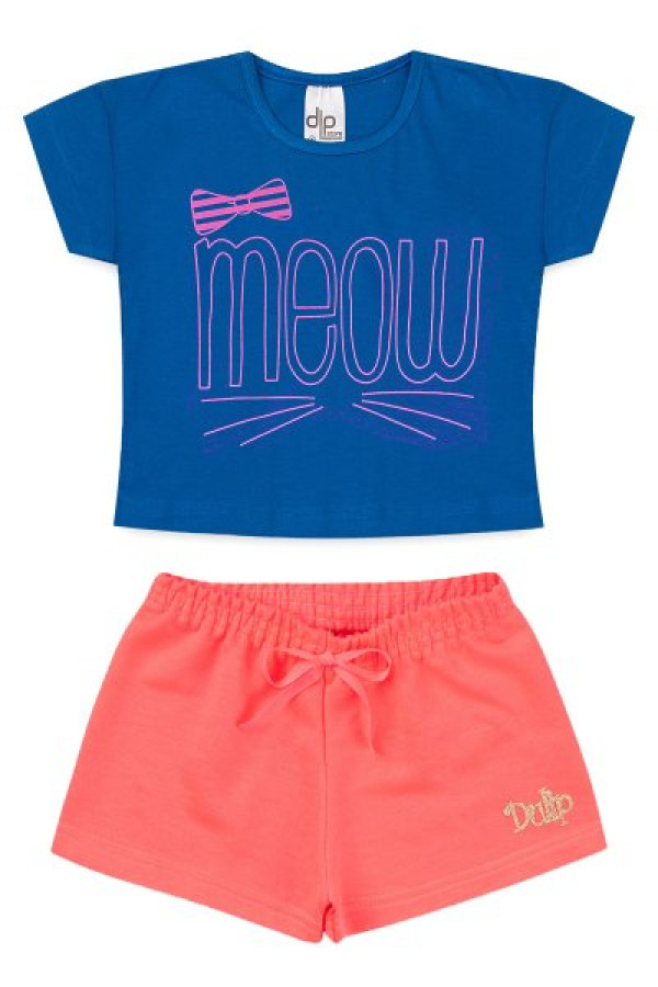 Conjunto Menina - Blusa Azul Cropped Meouw + Shorts  Rosa Pink Neon