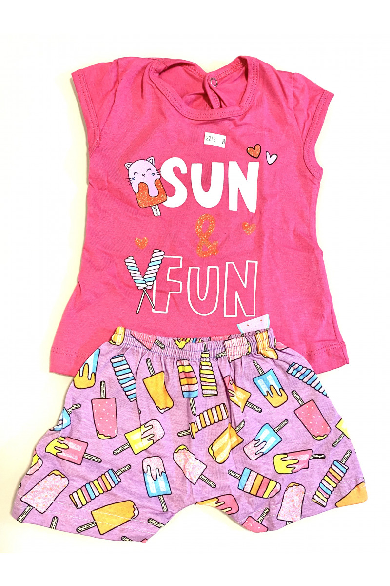 Conjunto Menina - Camiseta Meia Malha Rosa Pink com Estampa Sun and Fun + Shorts Saruel 