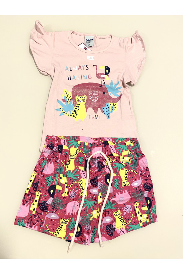 Conjunto Menina - Camiseta Meia Malha Rosa Claro Estampa Animais + Shorts Meia Malha Rotativo Pink