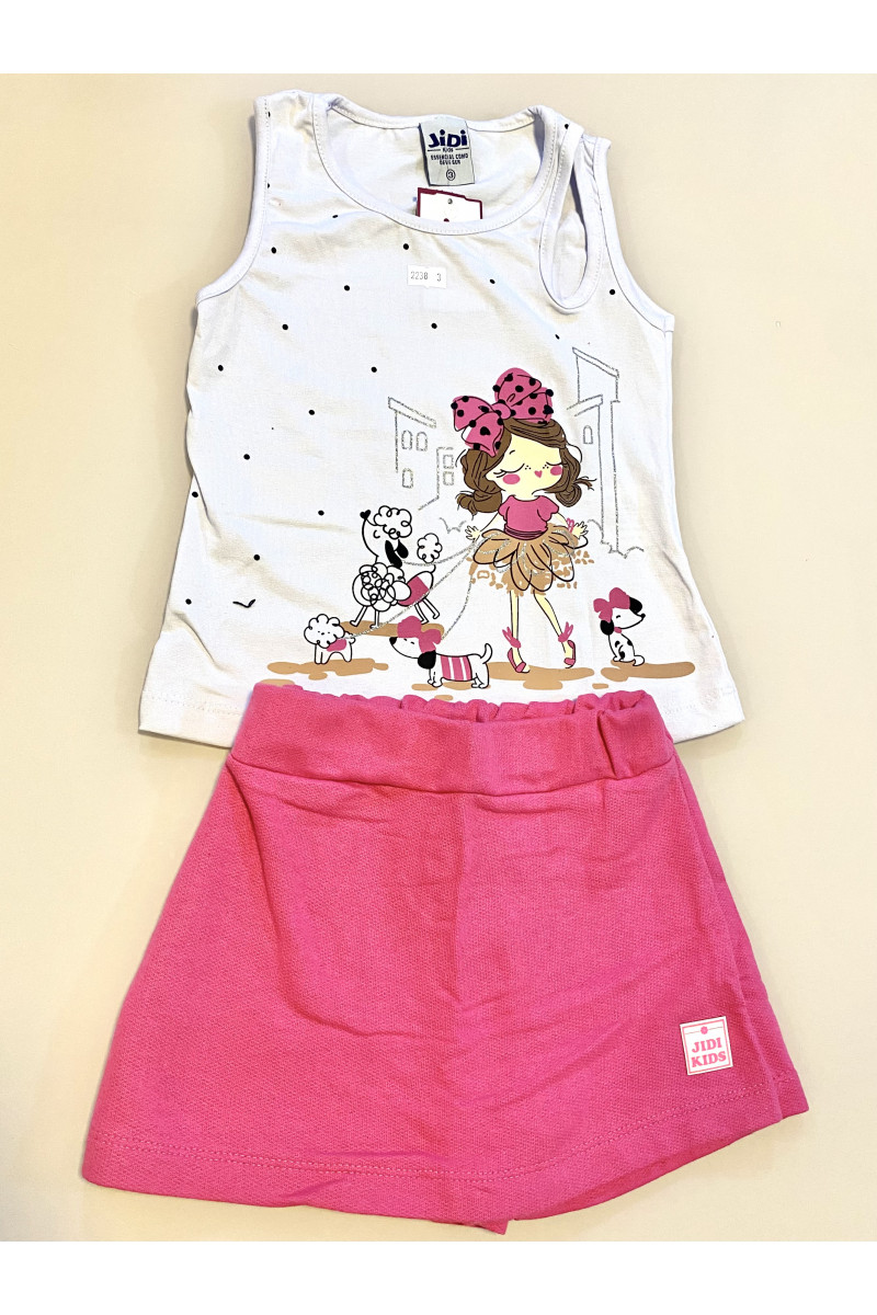 Conjunto Menina - Regata de Cotton Branca com Estampa Poodle + Shorts Saia Moletinho Pink