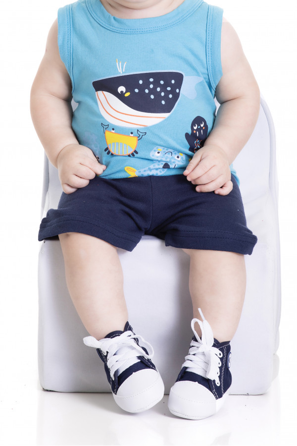  Conjunto Bebê - Regata Meia Malha Azul Estampa Animais Marinhos + Shorts Moletinho Marinho