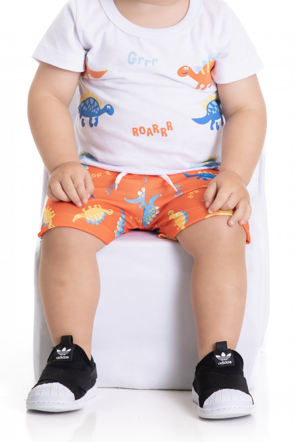  Conjunto Bebê - Camiseta Meia Malha Branca Estampa Dinos/Roarr + Shorts Moletinho Laranja Sublimado