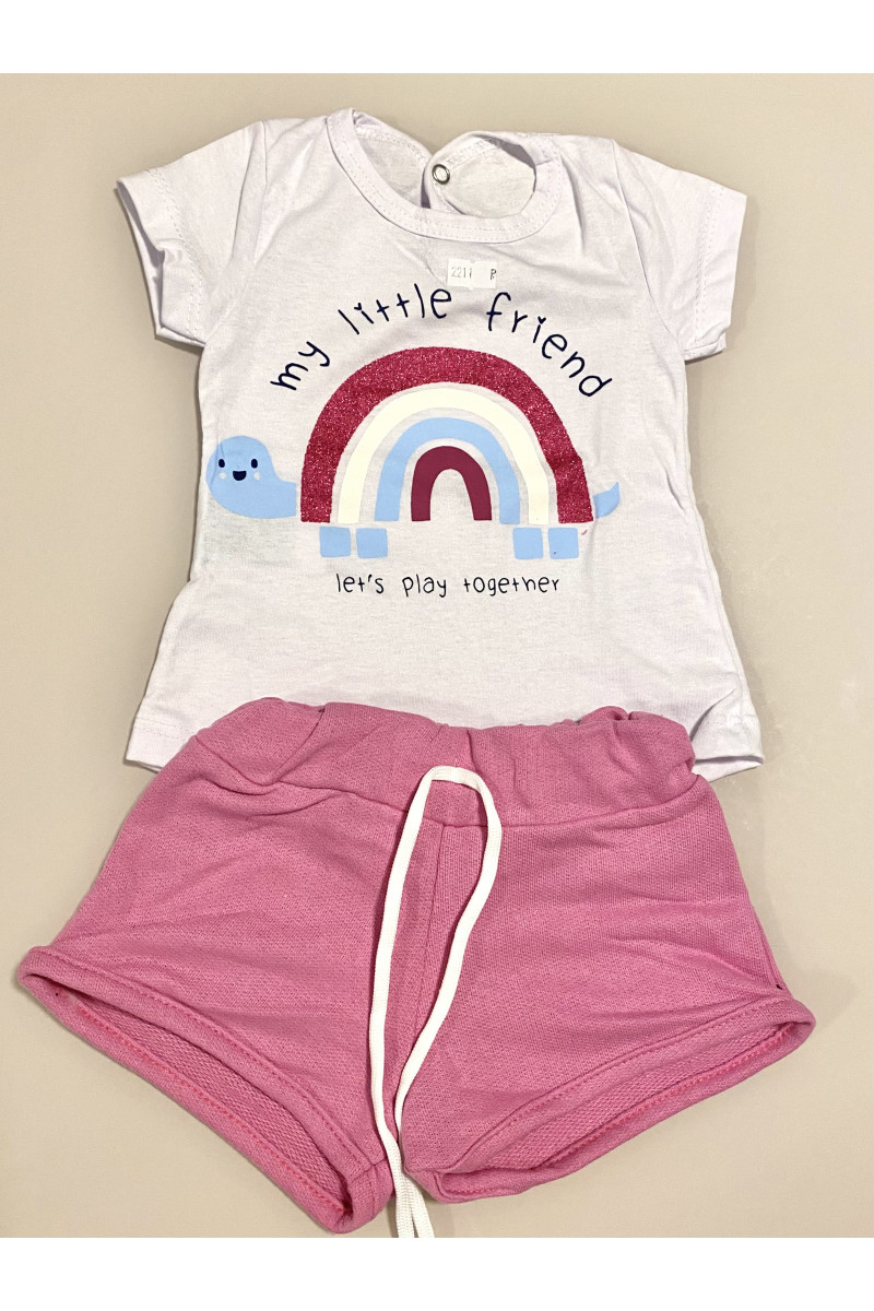 Conjunto Menina - Camiseta Meia Malha Branca Estampa My Little Friend + Shorts Moletinho Rosa Claro