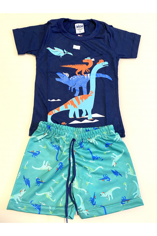 Conjunto Menino - Camiseta Meia Malha Azul Estampa Dinos + Bermuda de Moletinho Sublimado