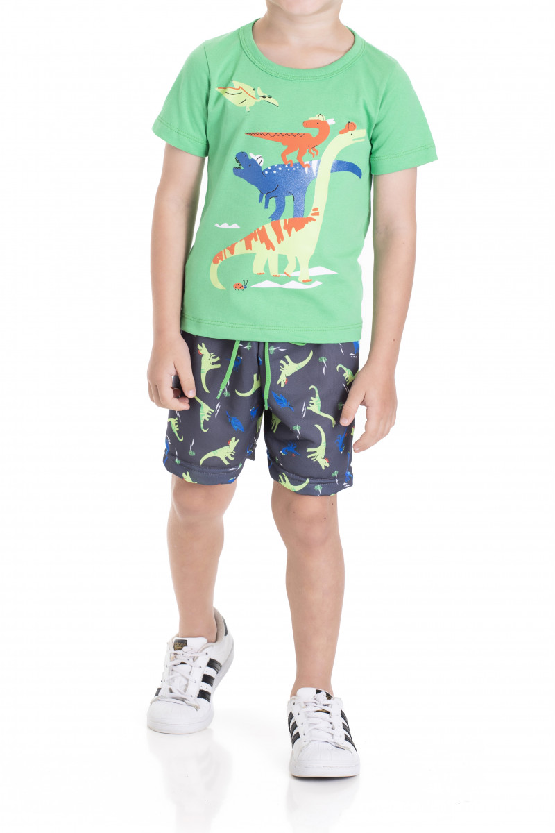 Conjunto Menino - Camiseta Meia Malha Verde Estampa Dinos + Shorts Moletinho Sublimado