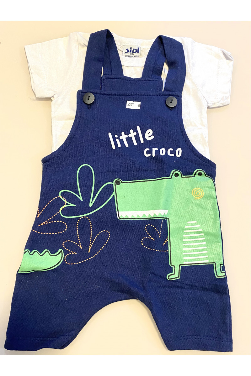  Conjunto Bebê -  Macaquinho de Moletinho Azul Marinho com Estampa Little Crocodilo + Camiseta Branca Meia Malha