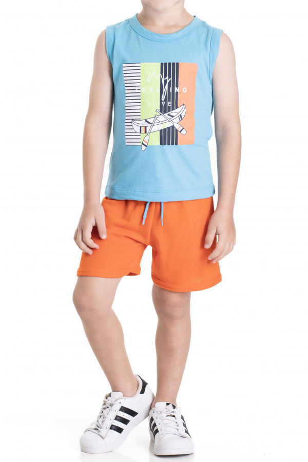 Conjunto Menino - Regata Meia Malha Azul Estampa Canoa + Shorts Moletinho Laranja