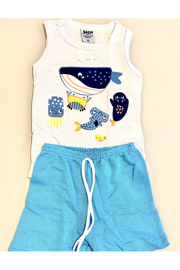  Conjunto Bebê - Regata Meia Malha Branca Estampa Animais Marinhos + Shorts Moletinho Turquesa