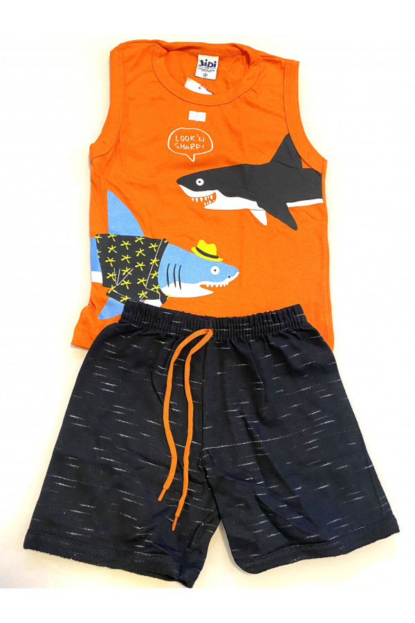 Conjunto Menino - Regata Meia Malha Laranja Estampa Jet Tubarão + Shorts Moletinho Preto