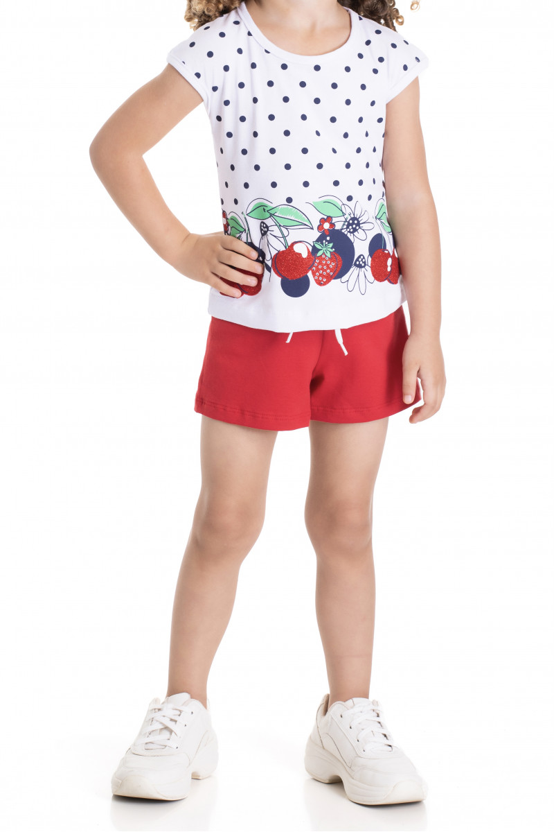 Conjunto Menina - Camiseta de Cotton com Estampa Frutas + Shorts de Cotton com cós