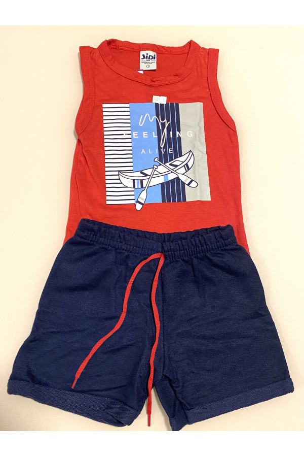 Conjunto Menino - Regata Meia Malha Vermelha Estampa Canoa + Shorts Moletinho Azul Marinho