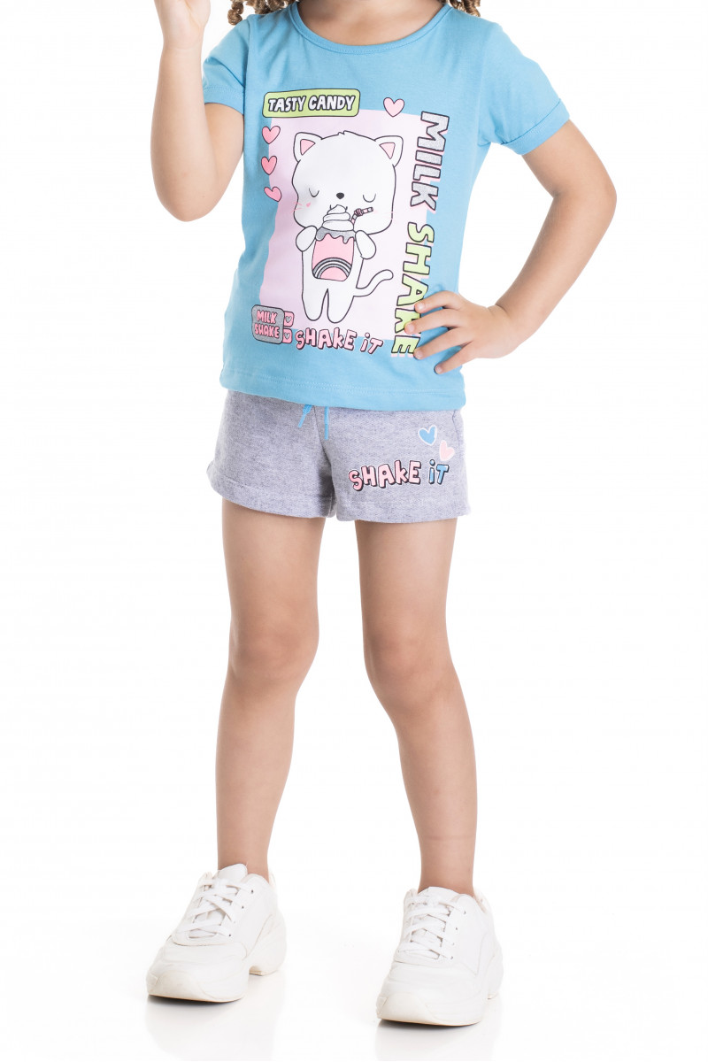 Conjunto Menina - Camiseta Meia Malha Turquesa Estampa Milk Shake + Shorts Moletinho Mescla