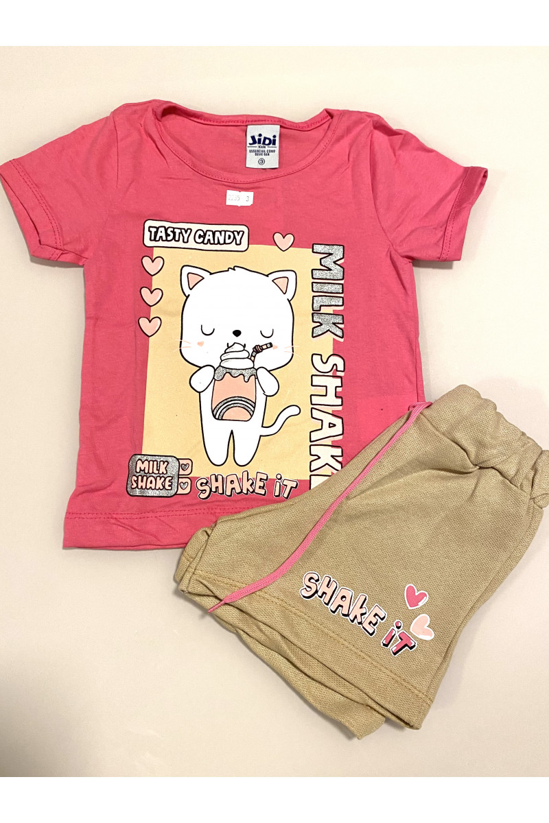 Conjunto Menina - Camiseta Meia Malha Rosa Estampa Milk Shake + Shorts Moletinho Caqui