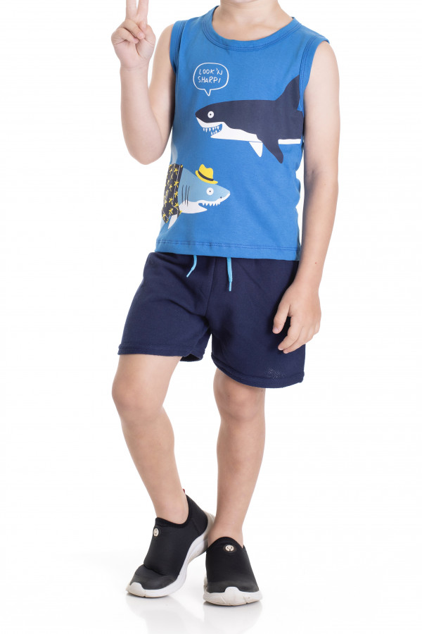 Conjunto Menino - Regata Meia Malha Azul Estampa Jet Tubarão + Shorts Moletinho Marinho