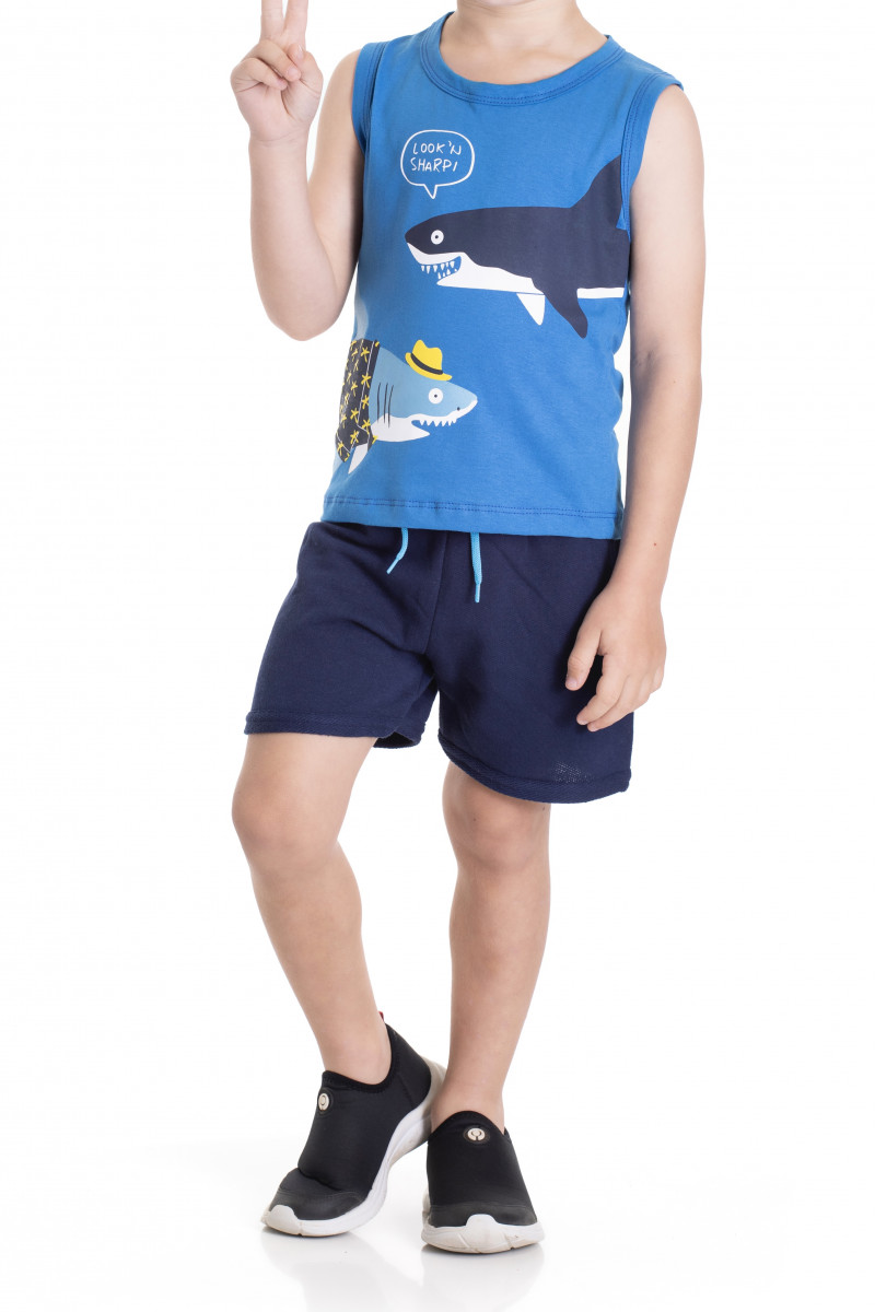 Conjunto Menino - Regata Meia Malha Azul Estampa Jet Tubarão + Shorts Moletinho Marinho