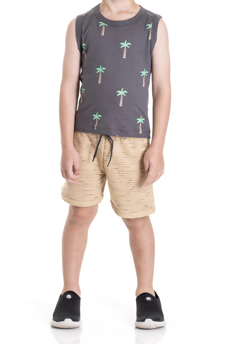 Conjunto Menino - Regata Meia Malha Chumbo Estampa Tropical + Shorts Moletinho Caqui