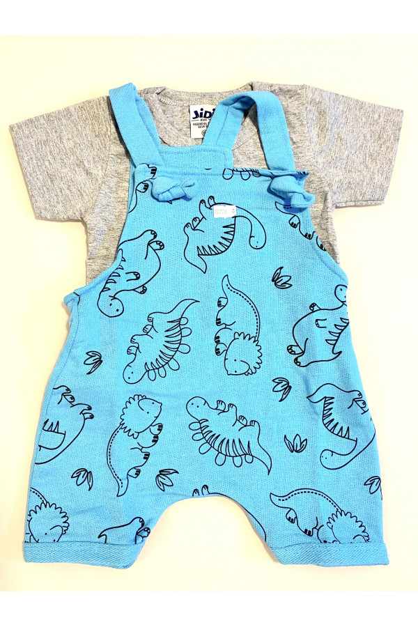  Conjunto Bebê -  Macaquinho de Moletinho Azul Turmalina com Estampa Dinos + Camiseta Meia Malha Cinza