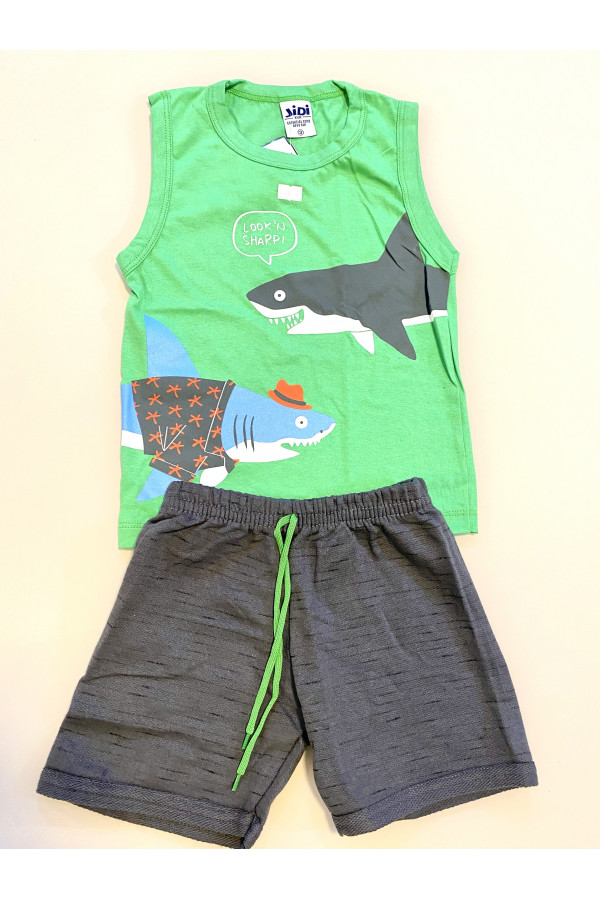 Conjunto Menino - Regata Meia Malha Verde Estampa Jet Tubarão + Shorts Moletinho Chumbo