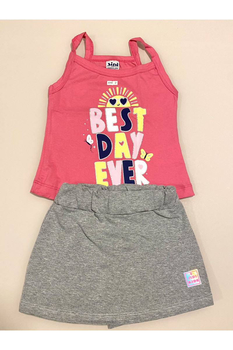 Conjunto Menina - Regata de Cotton Rosa com Estampa Best Day Ever + Shorts Saia de Cotton Cinza