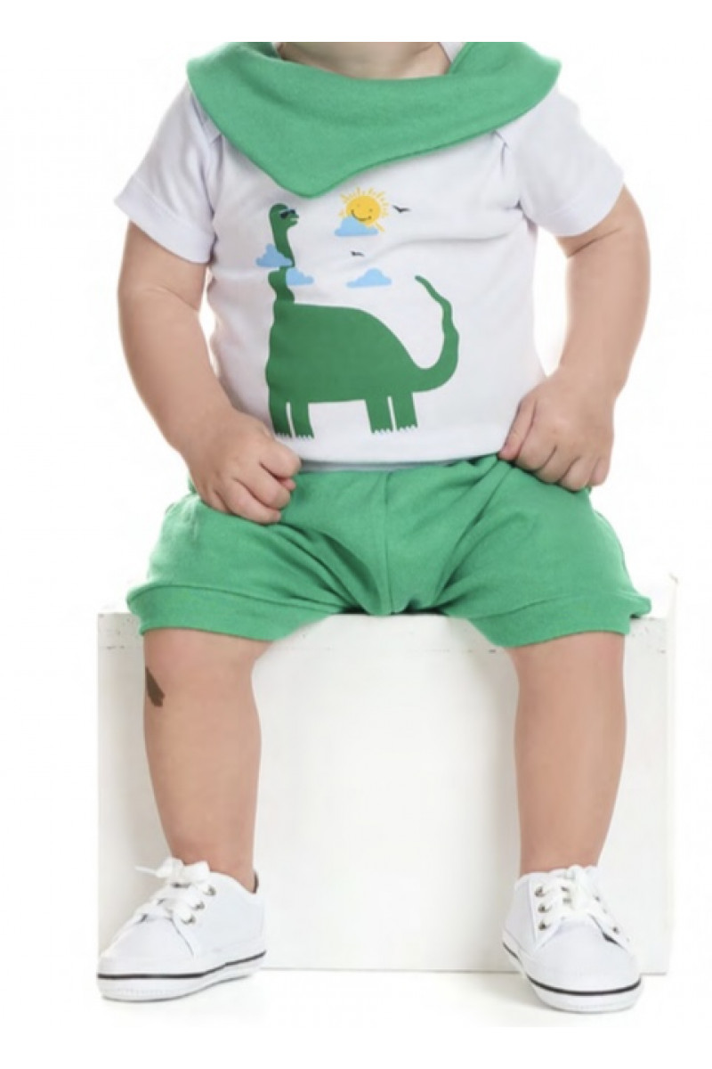 Conjunto 3 peças Body Bebê Dino Verde 